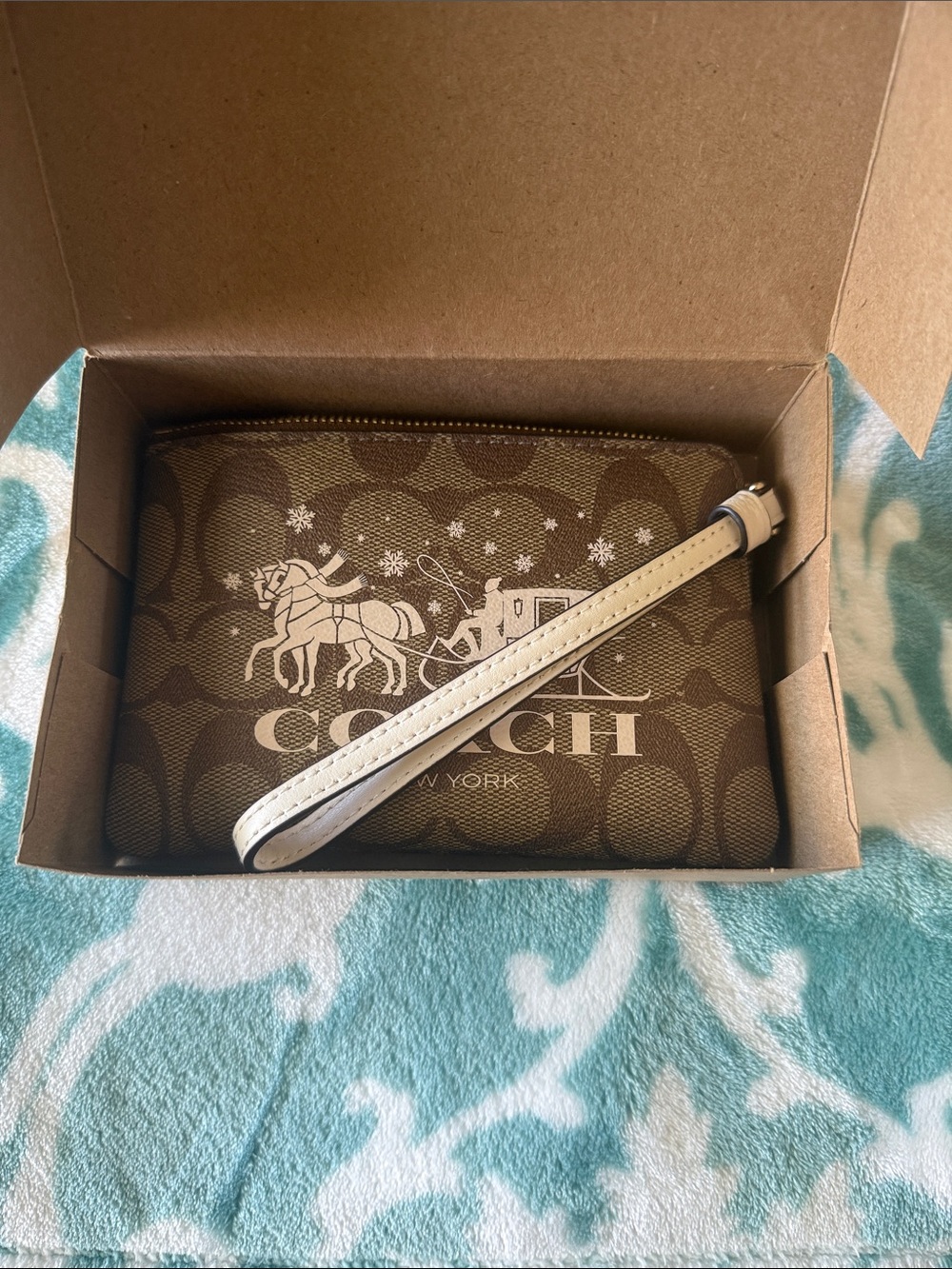 Coach Brown Signature Printed Wristlet with White Strap